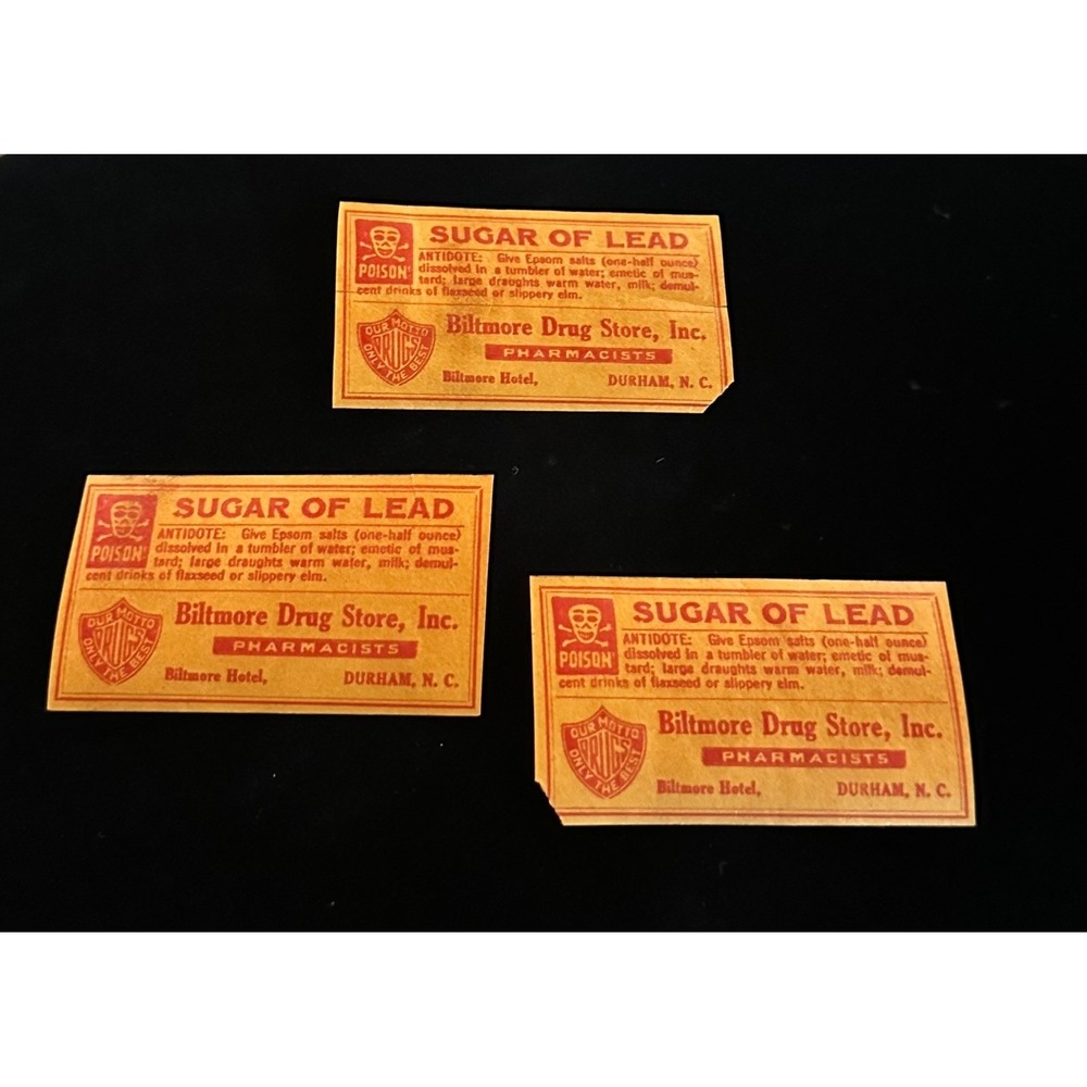 3 Vintage Biltmore Drug Store Sugar of‎ Lead Poison Labels Durham NC Apothecary